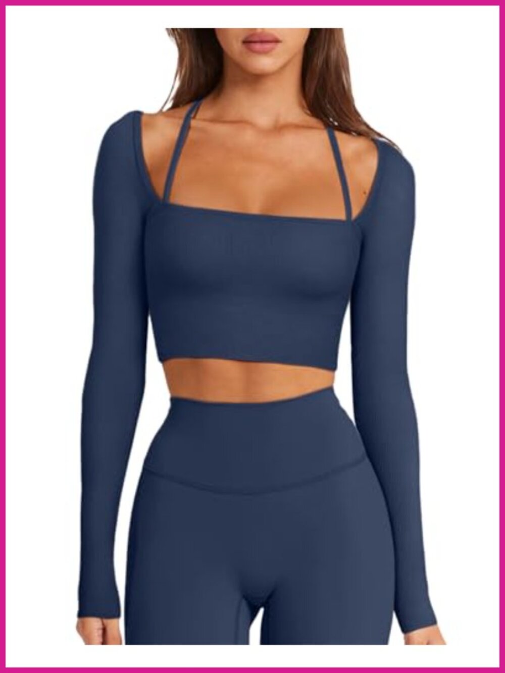 Seamless Halter Neck Long Sleeve Crop Top Workout Top Built-In Bra